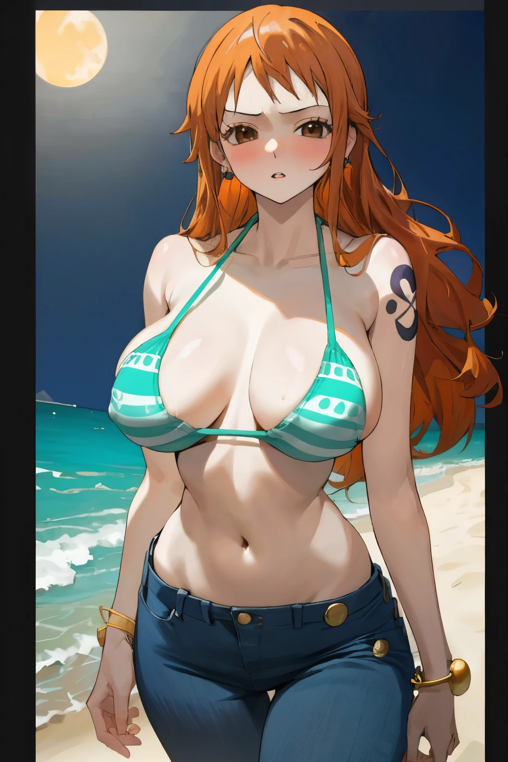 masterpiece, best quality, ultra-detailed, 1girl (namiop, Big and pretty breasts, , jewelry, earrings, dog collar, orange hair,long hair, brown eyes), a come-hither face, parted lips, facing viewer, looking at viewer, solo, bikini top, bikini bottom, pareo, wanostyle, night time, in the beach, standing, Sexy waist teasing, ,