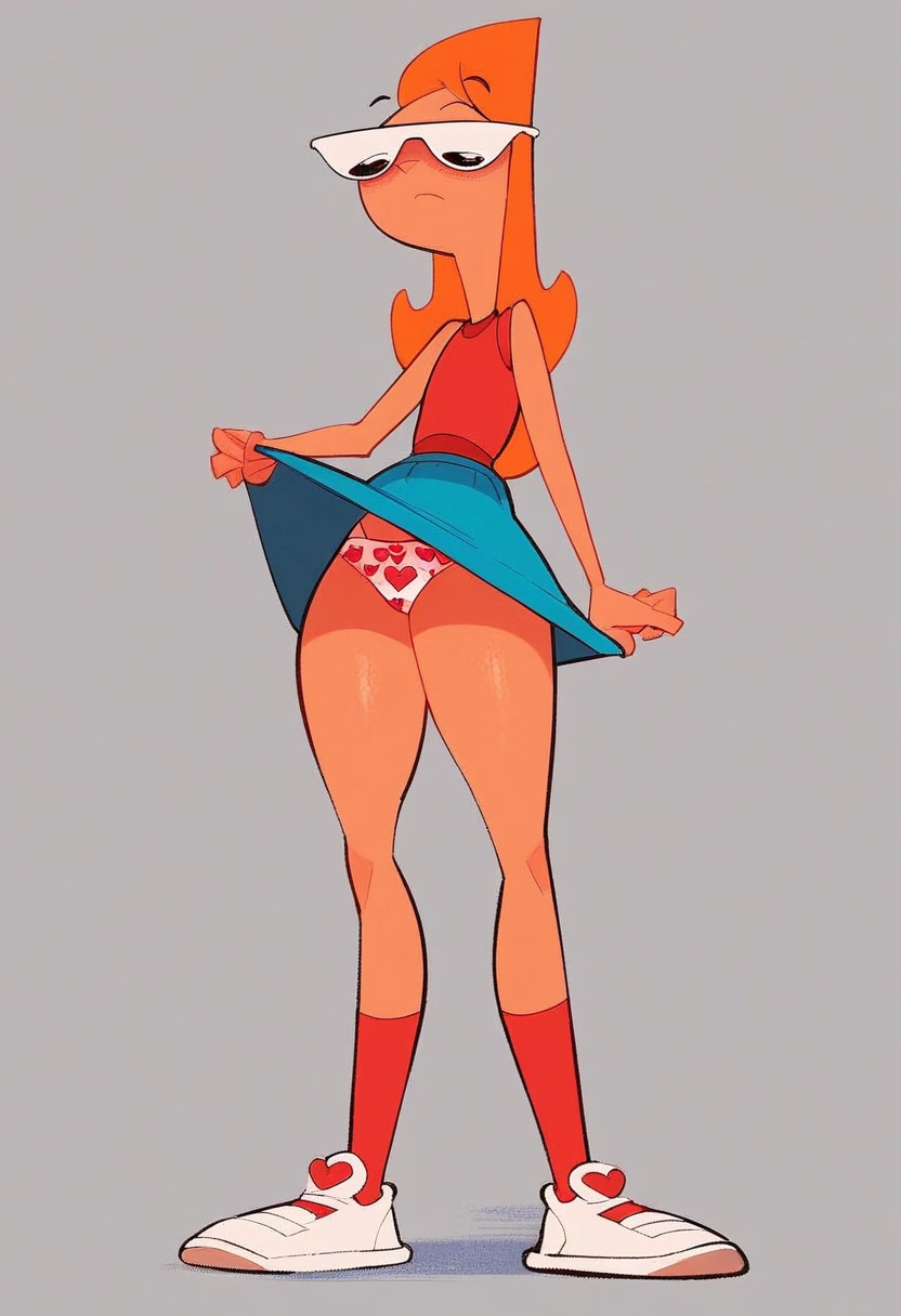 Candace, red sleeveless shirt, standing, heart, legs, white shoes, red socks, sunglasses raised, front view, big butt, eyes half closed, looking down, 2D cartoon, heart print panties , putting skirt back on,