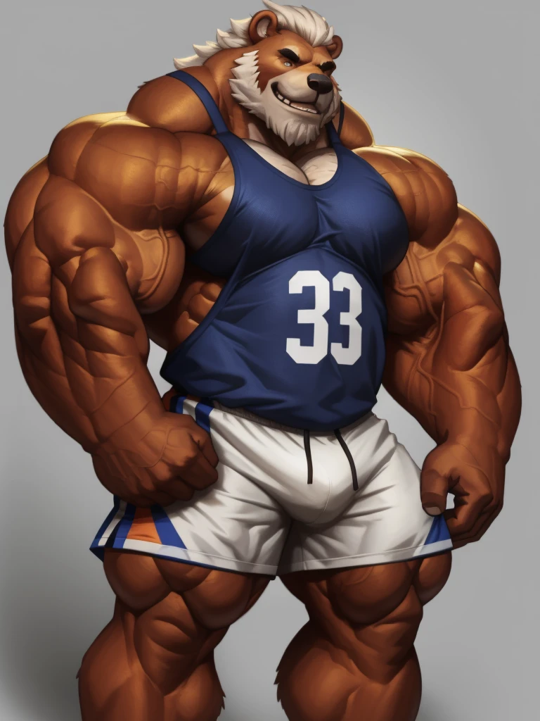 solo, 1boy, perfect anatomy, perfect proportion, smile, grinning, happy. Huge Muscular Old bear wearing basketball jersey ,(white shorts), view from side, pectoral, thick fur arms, huge hairy pectoral, wide pectoral, short white hair, red beard and hair, simple background, masterpiece, semirealistic:1.2, high detailed, 8k, high resolution, perfect center, full view. ((really big muscle, massive muscular, sixpack, thick arms, wide pectoral, super huge muscle, hyper muscular, over sized muscle, huge arms, big arms, huge pectoral))