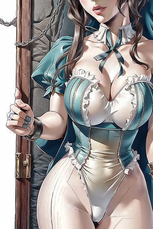 1 eleven, female artwork, best qualityer, ultra detali, Beautiful detailed, (((extreme detailed face))), (((rhombus stripe))), (((big ruffles and ribbon))), mournful look, ( ((short tunic to the thighs))), shoulder length black hair,pointy ears, blue eyes, fine lips, Round face, big breasts with cleavage, waist long, 1.67m by 46kg, standing chained in the dungeon ((chains on hands and neck)) chained female dramatic scene, elf (detailed scene,cinematic,natural lighting)art inspired by Alphonse Mucha