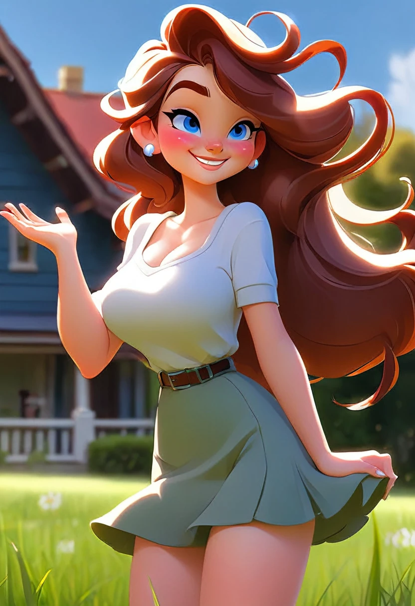 Cartoon 18 year old girl with big-boobs standing on the grass smile left hand wave in air right hand on hip, and bright blue/white eyes Camera shooting side view of people full body and pictrure