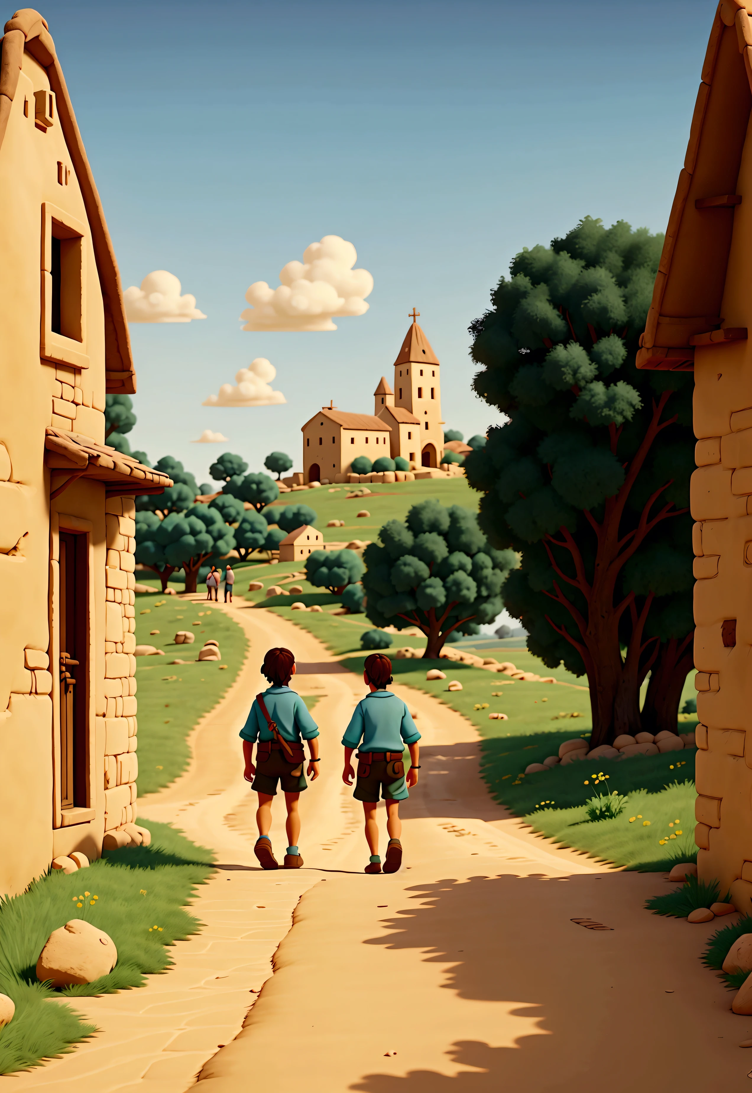 illustrations of 2 followers of Jesus walking to Emmaus, a village just a few kilometers from Jerusalem on the dusty road, cinematography, 8k, pixar style, Disney style, high quality