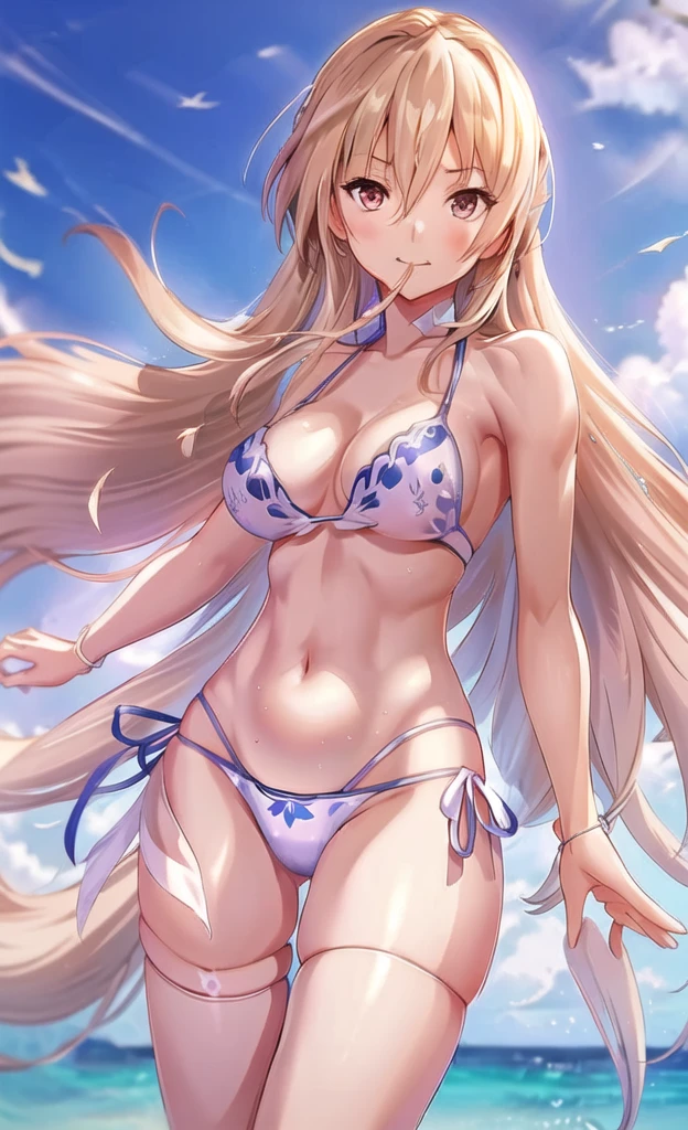 Anime Artwork Highly Detailed CG Unity 8K Wallpaper, Realistic, A girl by Guido Daniele, Swimwear, Long Hair, chest, (((White bikini with a flashy pattern))), alone, close your eyes, belly button, Day, Outdoor, chestの谷間, White bikini with a flashy pattern, Blonde, smile, null, blue null, very Long Hair, cloud, medium chest, side-tie bikini bottom, Blurred, clavicle, ribbon, Mouth closed, Blurred background, Thigh Gap, put your hands in your hair, thigh ribbon, Halter neck, Are standing, jewelry, handrail, bangs, Stomach, Thigh straps, Floating Hair, Bare shoulders 