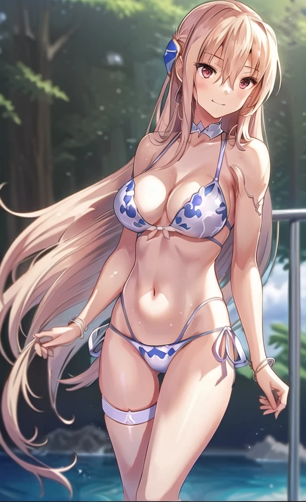 Anime Artwork Highly Detailed CG Unity 8K Wallpaper, Realistic, A girl by Guido Daniele, Swimwear, Long Hair, chest, (((White bikini with a flashy pattern))), alone, close your eyes, belly button, Day, Outdoor, chestの谷間, White bikini with a flashy pattern, Blonde, smile, null, blue null, very Long Hair, cloud, medium chest, side-tie bikini bottom, Blurred, clavicle, ribbon, Mouth closed, Blurred background, Thigh Gap, put your hands in your hair, thigh ribbon, Halter neck, Are standing, jewelry, handrail, bangs, Stomach, Thigh straps, Floating Hair, Bare shoulders
