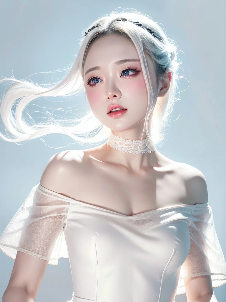 White Background、Professional Lighting、(((Professional Lighting 1.5)))、Translucent skin texture、Clear Skin、Beautiful Skin、、Off the shoulder、White Dress、See-through、Ecstasy of Musical Notes、