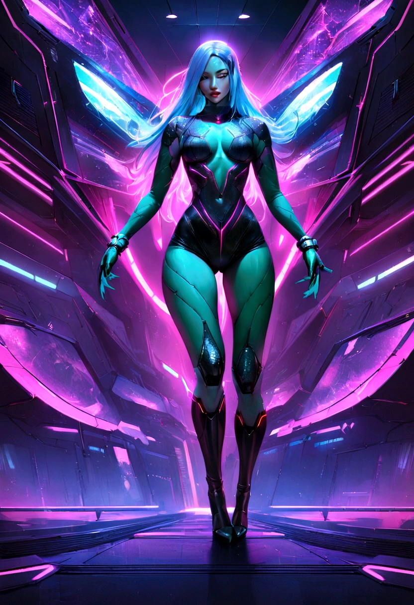 Full shot, animatrix style, ultrarealistic, cyberpunk, sci-fi, character, female, ultra textured, perfect face. A beautiful and sexy influencer has magical and mutant powers, she is powerful and dominates all networks from a central office that looks like a home interconnected with the world.