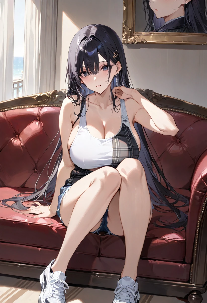 masterpiece, best quality, ultra detailed, Sparkling eyes, large breasts, 1girl, long black hair, black eyes, unkind face, very detail face, Wearing a black plaid shirt inside a white tank top, blue short jeans shredded, white shoes, left ear earring, full body, sitting on the sofa,