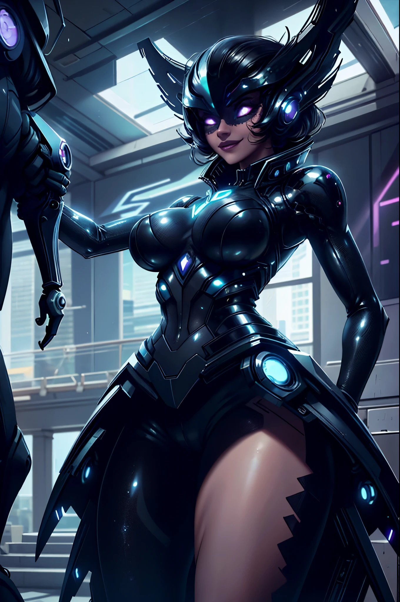 TimBurton Animation A futuristic businesswoman in formal cyber armor who is tough and impenetrable, holding a huge abstract alien gun with some neon lights and a stylish visor that covers her eyes because she is , and the display has neon square OLED screens and she has a menacing smile, and some faulty pixels are raining on your suit/armor as she points her gun at the roof of a future city