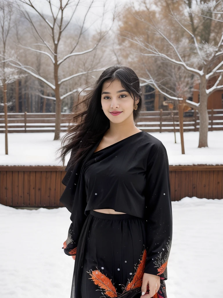 A young, attractive 18-year-old Instagram model is dancing gracefully in a picturesque winter setting. She has long, flowing black hair with vibrant, colorful streaks that catch the light and add a playful touch to her look. She's wearing a beautifully embroidered salwar kameez in rich, warm colors that stand out against the snowy background. Her movements are fluid and joyful, capturing the essence of youthful energy and joy. The scene is set in a charming winter landscape with softly falling snowflakes, adding a magical atmosphere to the image.