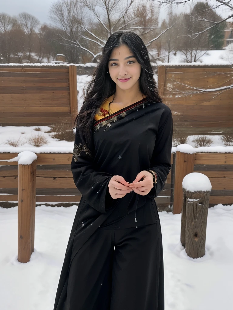 A young, attractive 18-year-old Instagram model is dancing gracefully in a picturesque winter setting. She has long, flowing black hair with vibrant, colorful streaks that catch the light and add a playful touch to her look. She's wearing a beautifully embroidered salwar kameez in rich, warm colors that stand out against the snowy background. Her movements are fluid and joyful, capturing the essence of youthful energy and joy. The scene is set in a charming winter landscape with softly falling snowflakes, adding a magical atmosphere to the image.