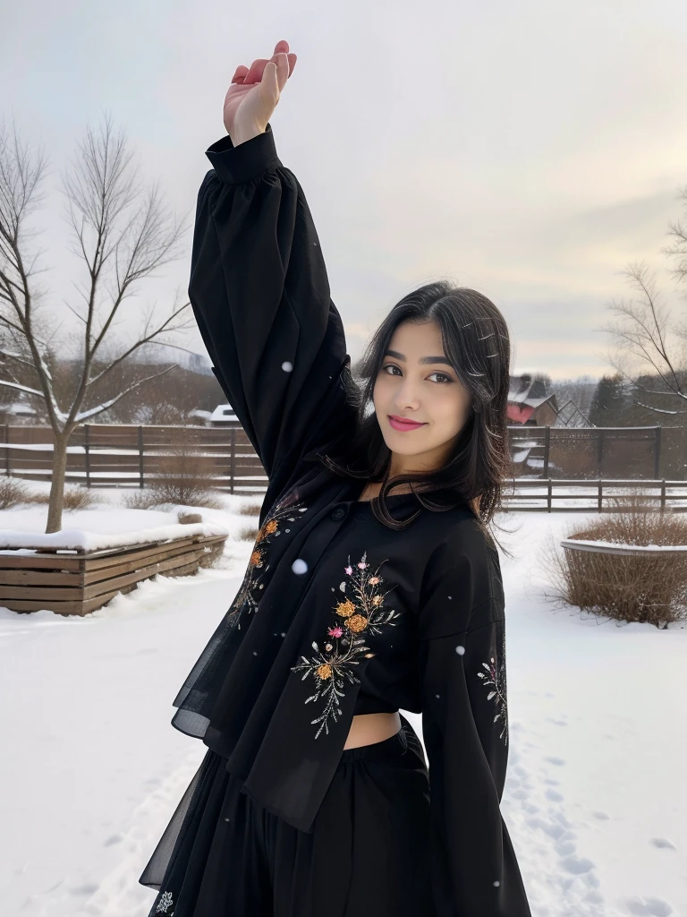 A young, attractive 18-year-old Instagram model is dancing gracefully in a picturesque winter setting. She has long, flowing black hair with vibrant, colorful streaks that catch the light and add a playful touch to her look. She's wearing a beautifully embroidered salwar kameez in rich, warm colors that stand out against the snowy background. Her movements are fluid and joyful, capturing the essence of youthful energy and joy. The scene is set in a charming winter landscape with softly falling snowflakes, adding a magical atmosphere to the image.