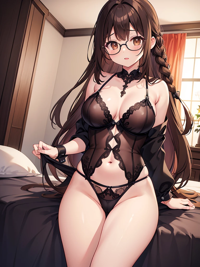 NSFW、1 Female、Brown hair、Brown Eyes、Best Quality、Super detailed、8 Resolution、Raw photo、Mastepiece、Perfect Body、high resolution、Highest quality、Detailed drawing、Vibrant colors、lure、Long Hair、Black-rimmed glasses、Captivating breasts、Braid、lingerie、Bedroom