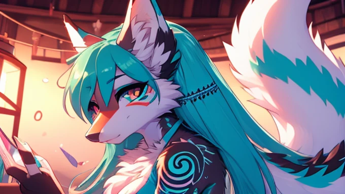 Miku Hatsune, add high definition_detail:1, blue fur,kitsune ears, tribal tattoo add_detail:1