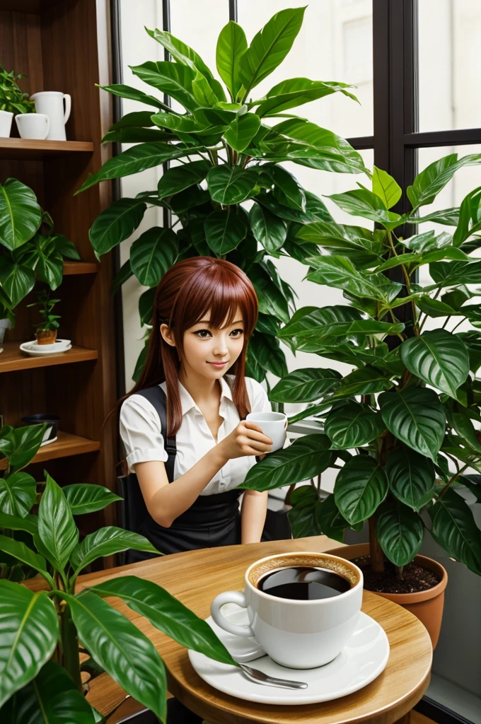 make a cup of coffee, in the background coffee plants, anime style