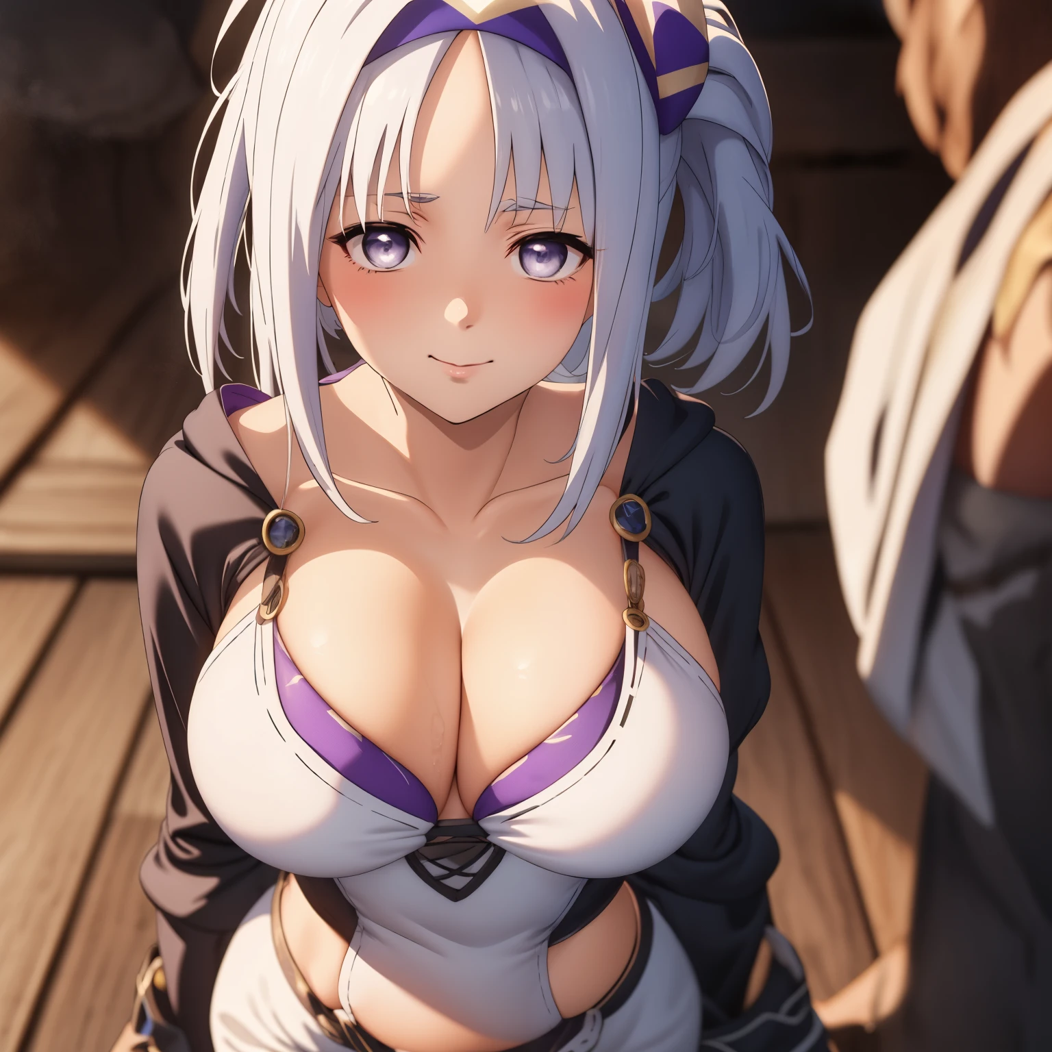Women. 30 years old mature face, long silver hair ponytail, silver eyes, happy smile, big breasts, blush. silver bikini, is in front of the viewer, full body hands behind head, his hands are behind his head, slender legs, , background a sunny beach. drops of water on his chest. purple ribbon on her head. 1 sola Women Women sola. full body image. drops of water on his chest. very big breasts.
