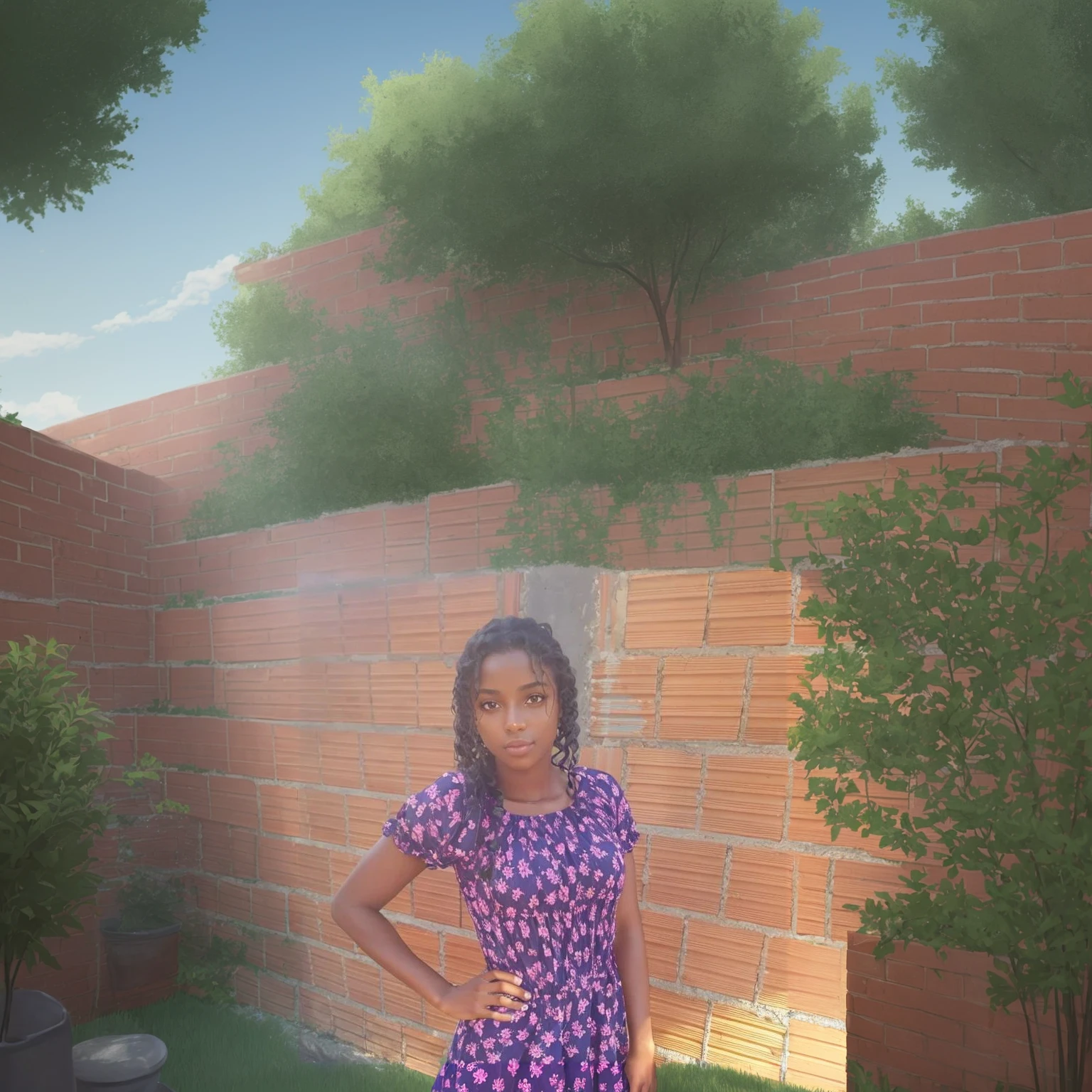 Afternoon in the sun, backyard with brick wall, ground with lawn and some trees.