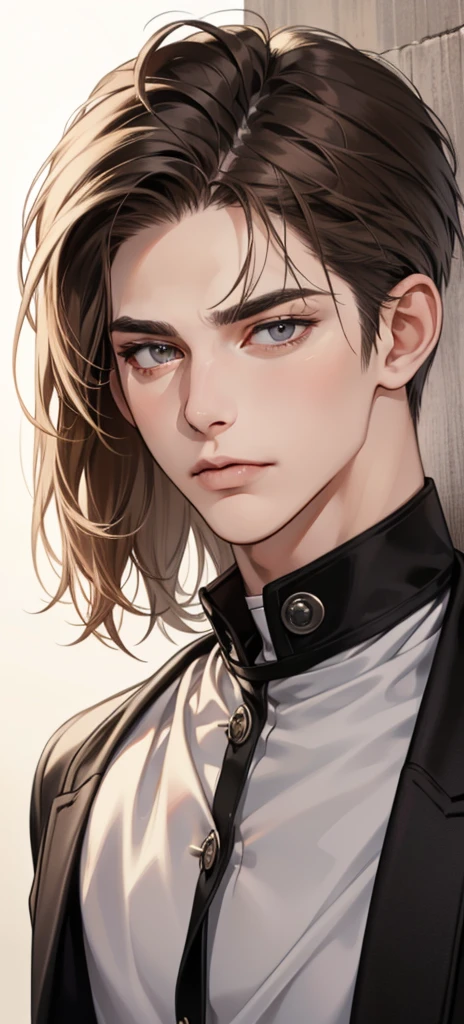 masterpiece, best quality, Practical, 1 person, Mature male, A quiet and charming young man, 25 years old, Serious look, Shut up, portrait, Extremely detailed face, sneer, ((Dark grey eyes)), ((Short dark brown hair)), [Thick eyebrows], ((Set)), Handsome, whole body, The west, Jewish, Light brown skin,