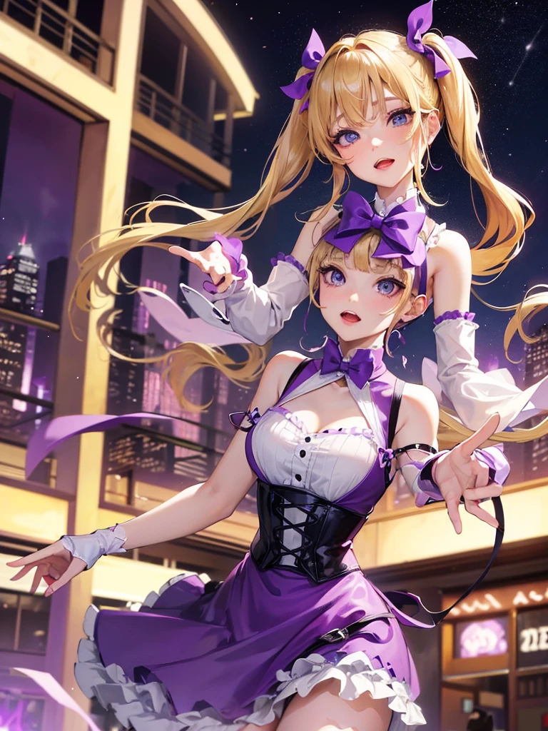 an adult woman, blonde with two pigtails with a purple bow each, short purple gala dress, she has blue eyes, is at a late night dinner in a wealthy place