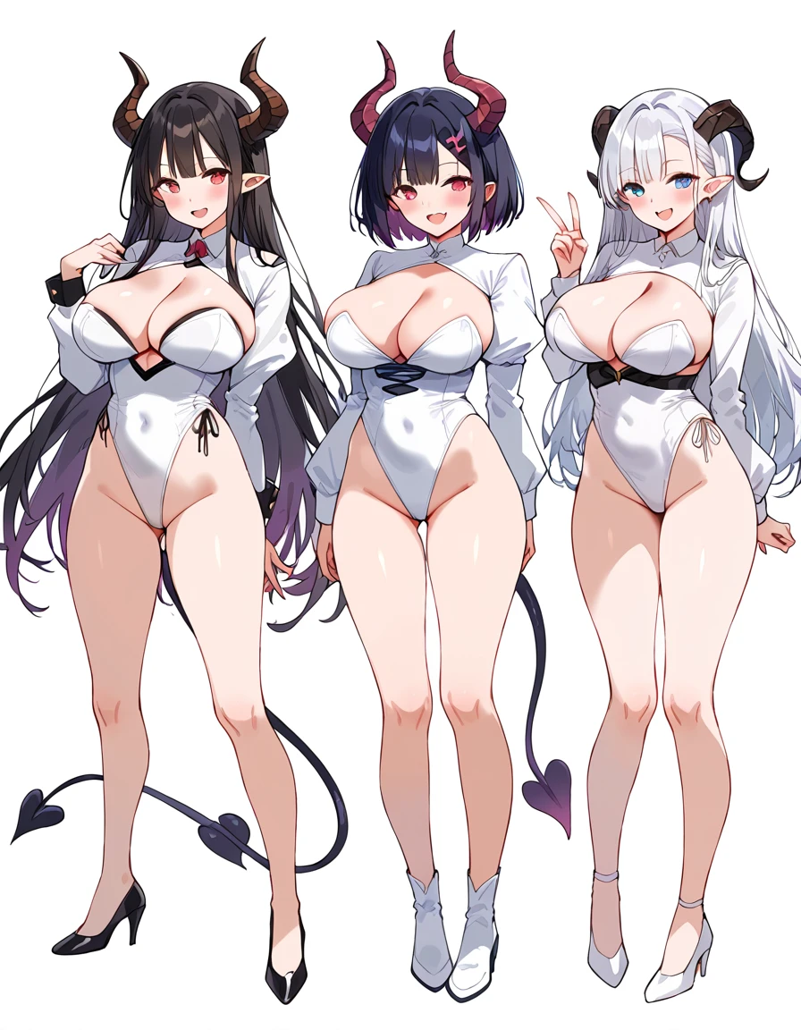 3 girls, variety of hairstyles, ((white background)), full body, multiple views, succubus, dragon horn, white outfit, thong, shrug, leotard, cleavage, short tie,