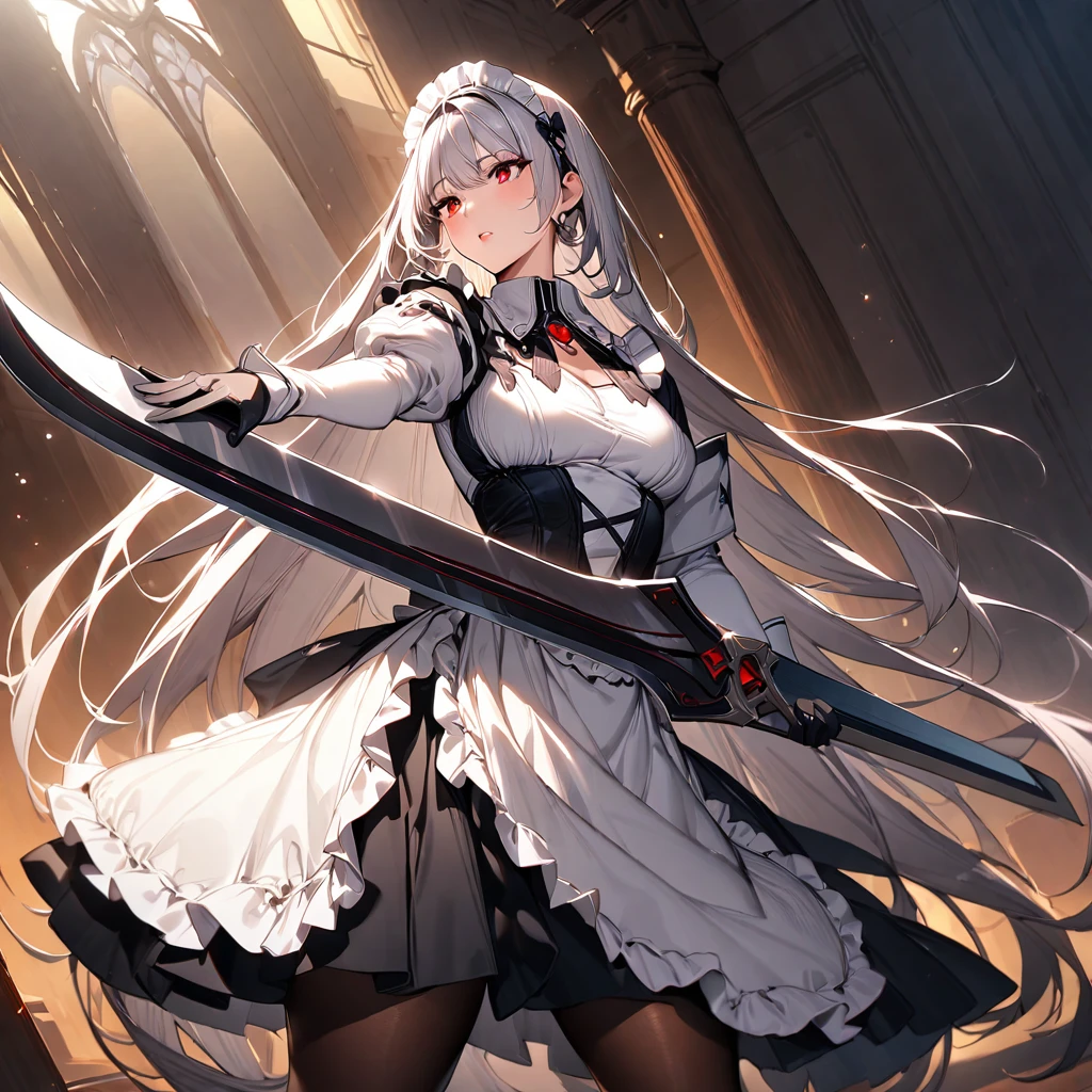 (masterpiece),(Highest quality),(Super detailed),(Best illustrations),(so beautiful), so beautiful長い脚,Silver Hair, Red eyes, Very long hair, pantyhose, Maid, headdress, apron, Long skirt,  holding weapon, huge sword, duel,