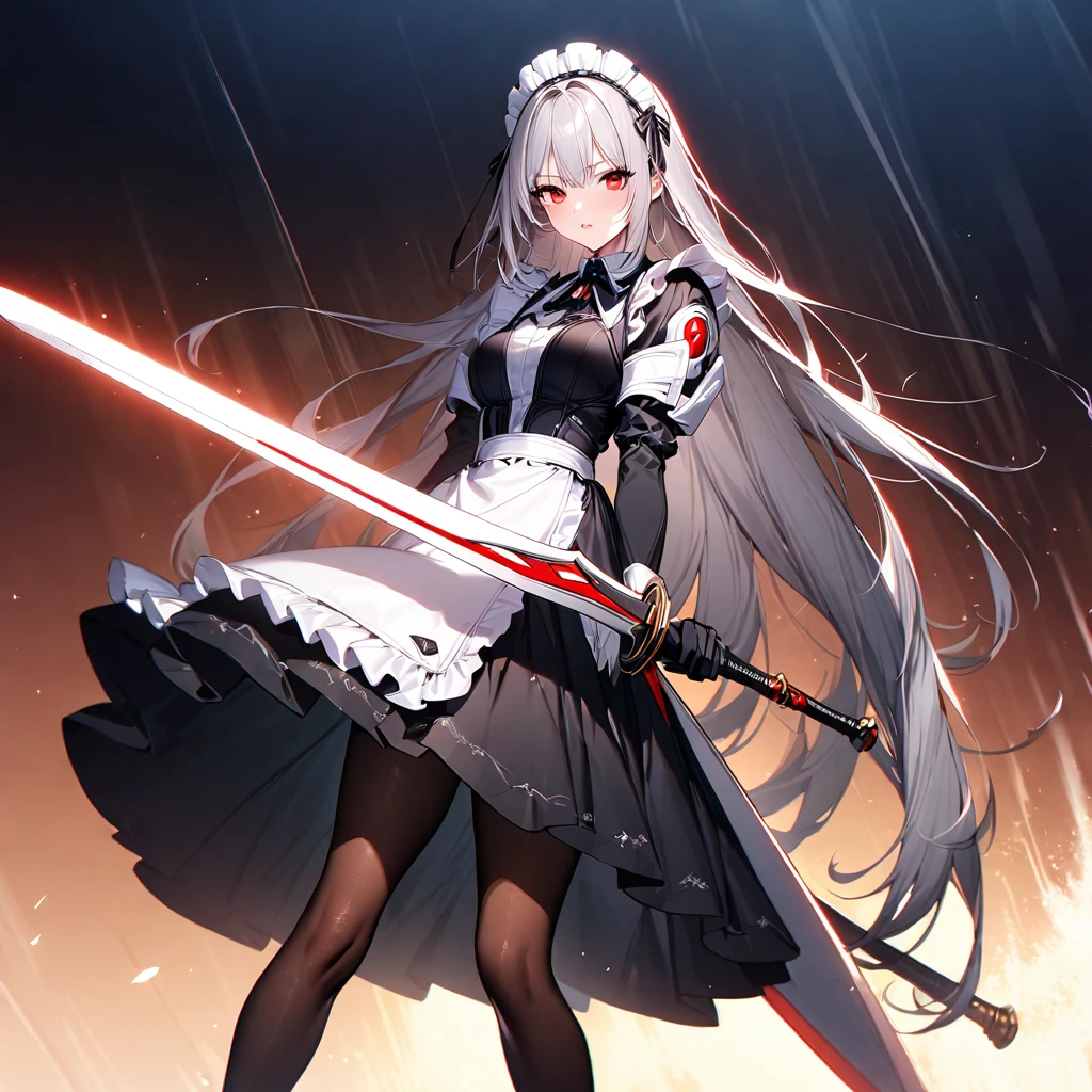 (masterpiece),(Highest quality),(Super detailed),(Best illustrations),(so beautiful), so beautiful長い脚,Silver Hair, Red eyes, Very long hair, pantyhose, Maid, headdress, apron, Long skirt,  holding weapon, huge sword, duel,