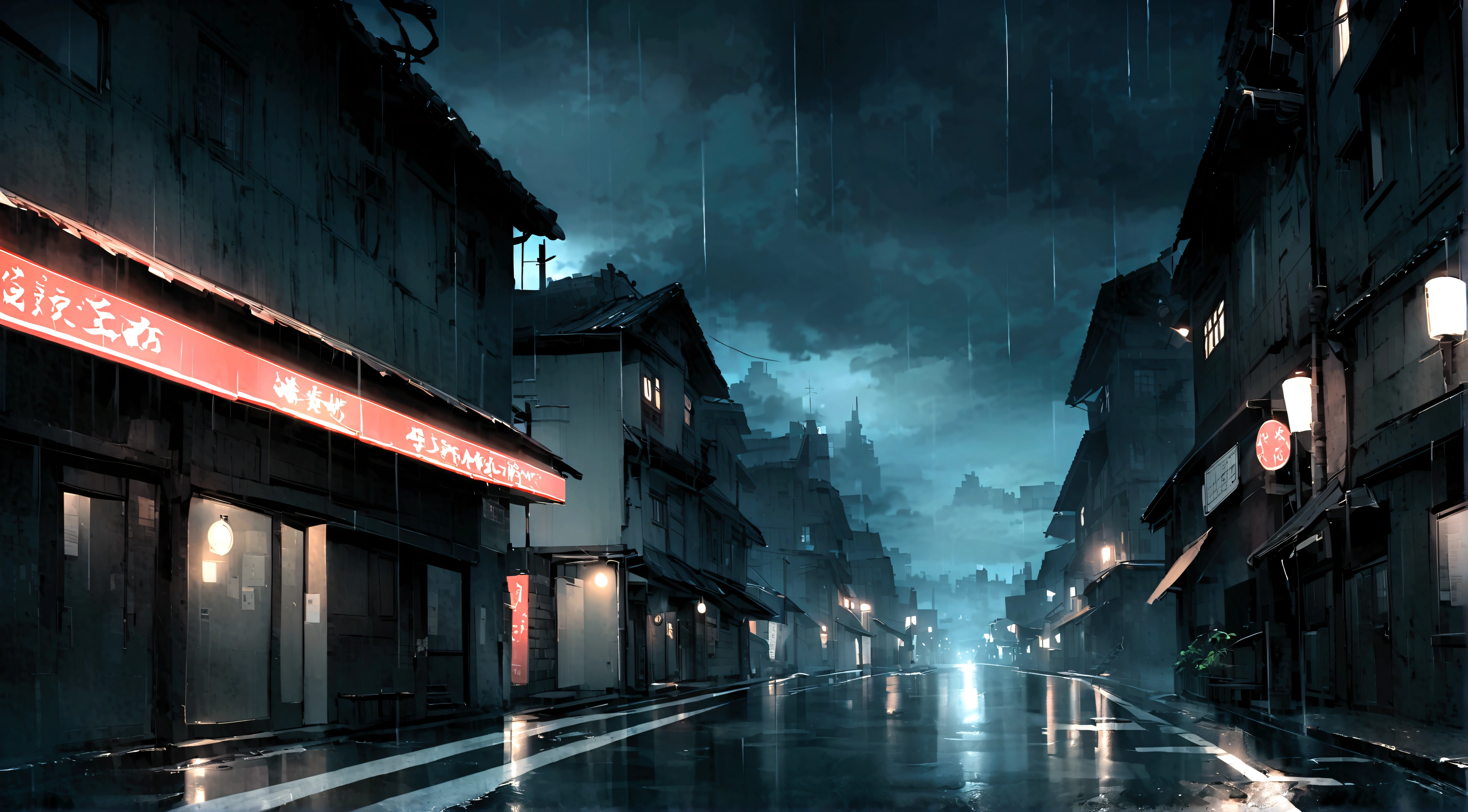 ((Black and white)),Highways at night,heavy rain,Empty town,Empty road