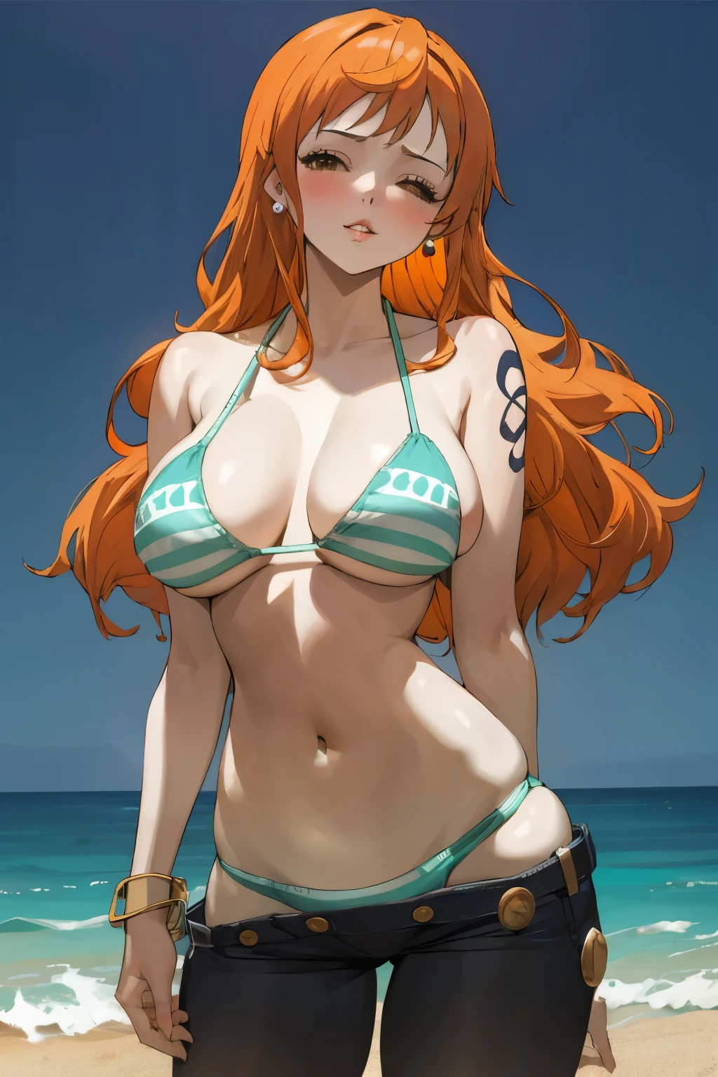 masterpiece, best quality, ultra-detailed, 1girl (namiop, Big and pretty breasts, , jewelry, earrings, dog collar, orange hair,long hair, brown eyes, half-closed eyes), a come-hither face, parted lips, makeup, glow lips, facing viewer, looking at viewer, solo, bikini top, bikini bottom, pareo, wanostyle, night time, in the beach, standing, Sexy waist teasing, , from_below