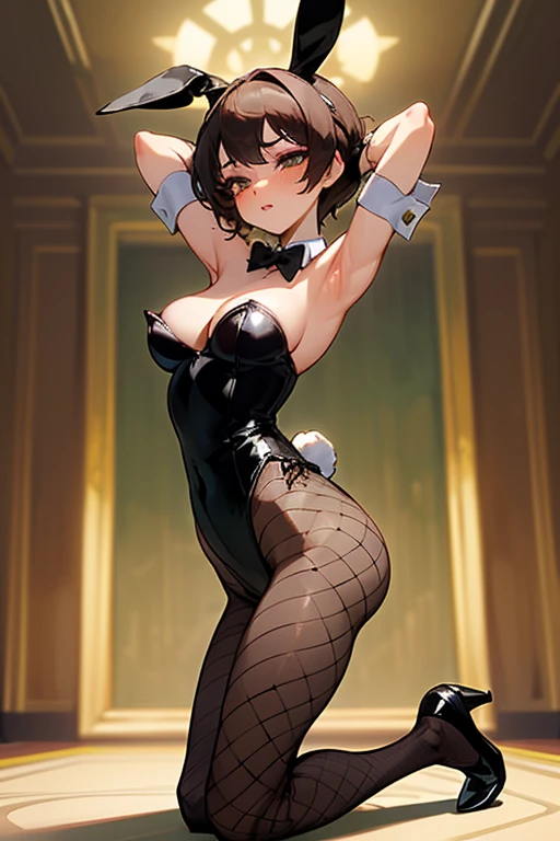 Highest quality, masterpiece, One woman, beautiful, very cute, brown super short hair, Beautiful large breasts, Emphasize cleavage, eyes closed, open the mouth, (makeup:1.2), whole body, Playboy bunny, (Black strapless bunny Leotard:1.2), (black rabbit ears), (High leg), (bowtie), (white rabbit tail), (restrained:1.4), (wrist cuffs:1.2), (Fishnet pantyhose), Covered abdomen, (arms behind the head:1.4), (armpits:1.2), blush, (sexy:1.3), (sensual:1.5), (orgasm:1.1), barcounter, casino, (nsfw:1.2), (kneeling:1.2), (shoot from side below:1.5), (looking upward:1.1), open the legs, show the hip
