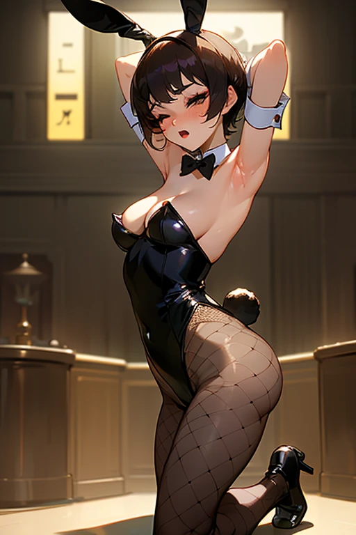 Highest quality, masterpiece, One woman, beautiful, very cute, brown super short hair, Beautiful large breasts, Emphasize cleavage, eyes closed, open the mouth, (makeup:1.2), whole body, Playboy bunny, (Black strapless bunny Leotard:1.2), (black rabbit ears), (High leg), (bowtie), (white rabbit tail), (restrained:1.4), (wrist cuffs:1.2), (Fishnet pantyhose), Covered abdomen, (arms behind the head:1.4), (armpits:1.2), blush, (sexy:1.3), (sensual:1.5), (orgasm:1.1), barcounter, casino, (nsfw:1.2), (kneeling:1.2), (shoot from side below:1.5), (looking upward:1.1), open the legs, show the hip