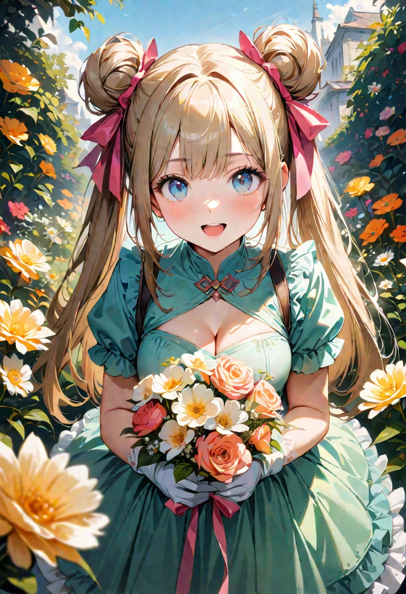 20 years old,1 girl,hyperrealistic, 8k, (extremely detailed 8k), (very delicate and beautiful), (masterpiece), (better quality:1.0), (ultra high resolution:1.0), (masterpiece, best quality), cute,blonde,cleavage cutout,(broen dress:1.3),(crop top navel:1),gleaming skin,twintails,twin bun,a pink ribbon on the head,long hair,pastel green frill Chinese-made dress,white long gloves,hold a bouquet of flowers,face and body straight at the camera,a bunch of flowers,POV,bust shot,white frill,puffy sleeves,surrounded by flowers,laugh with open mouth,tareme,sky blue eyes
