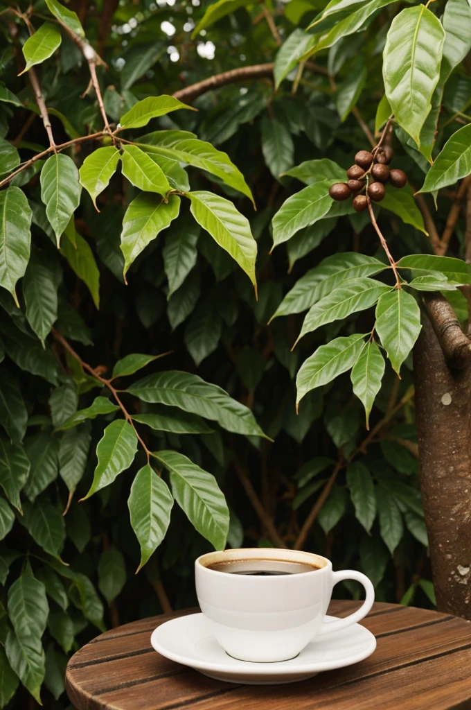 make a cup of coffee, in the background coffee trees