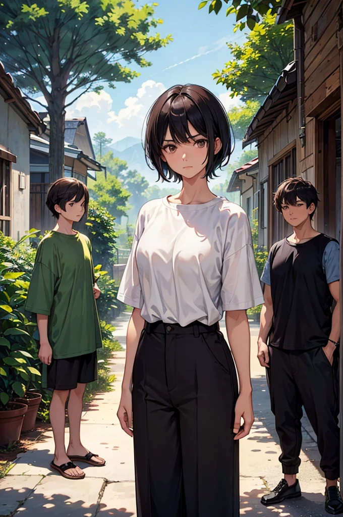 An image of each neighbor, one with a stern face, short black hair, wearing plain farming clothes (a loose shirt and pants), and the other with a worried expression, short brown hair, in similar attire, standing next to the large tree and claiming ownership of its abundant fruit. (masterpiece, hd, best quality, 2d)