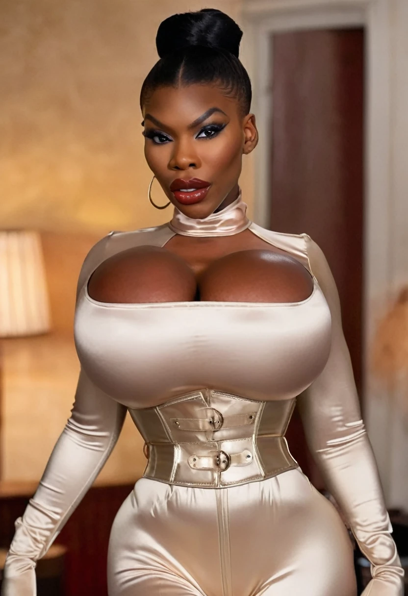 closeup shot, (angry evil dominatrix Michaela Coel showing her closed teeth in anger with flared nostrils and furrowed brows and frowning and wide open eyes:1.3) in a (closed satin skintight beige silk buttoned mandarin collar catsuit with large shoulder-pads and extremely tight corset and belt and satin cape:1.3), tight hairbun, silk gloves, large covered breasts, small waist, wide hips and torso, (muscular arms), subtle evil stare with flared nostrils, large shoulder-pads, extremely cinched small waist,