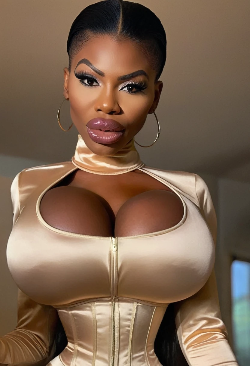 closeup shot, (angry evil dominatrix Michaela Coel showing her closed teeth in anger with flared nostrils and furrowed brows and frowning and wide open eyes:1.3) in a (closed satin skintight beige silk buttoned mandarin collar catsuit with large shoulder-pads and extremely tight corset and belt and satin cape:1.3), tight hairbun, silk gloves, large covered breasts, small waist, wide hips and torso, (muscular arms), subtle evil stare with flared nostrils, large shoulder-pads, extremely cinched small waist,