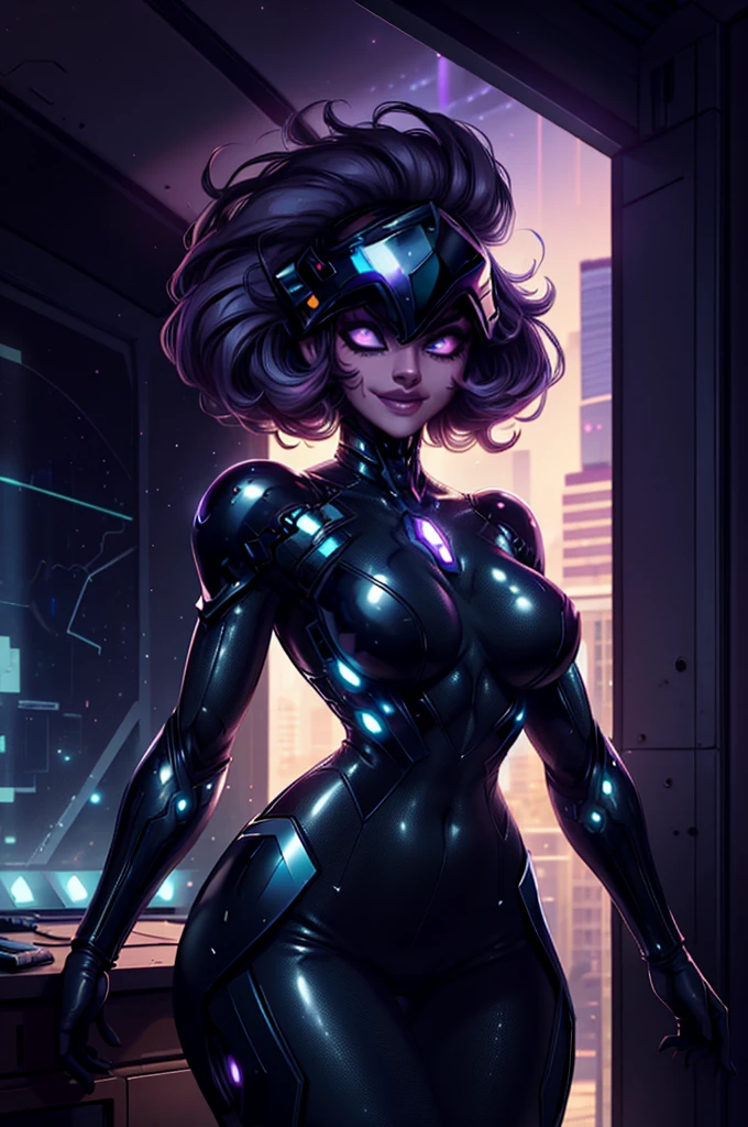TimBurton Animation A futuristic businesswoman in formal cyber armor who is tough and impenetrable, holding a huge abstract alien gun with some neon lights and a stylish visor that covers her eyes because she is blind, and the display has neon square OLED screens and she has a menacing smile, and some faulty pixels are raining on your suit/armor as she points her gun at the roof of a future city