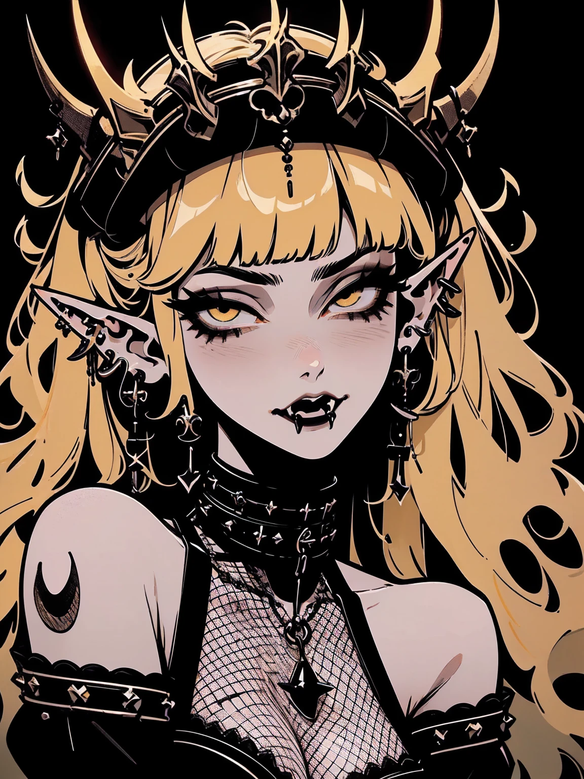 high détail, work of art, dramatic lighting(absurderes, high resolution, ultra detaild), extremely detailed 8k CG unit. mature face, adult Woman, Woman, mature Woman, elf, piercings, Short Wavy Black Hair and Bangs, fangs, yellow eyes, modest black clothes, mad expression, whole body.