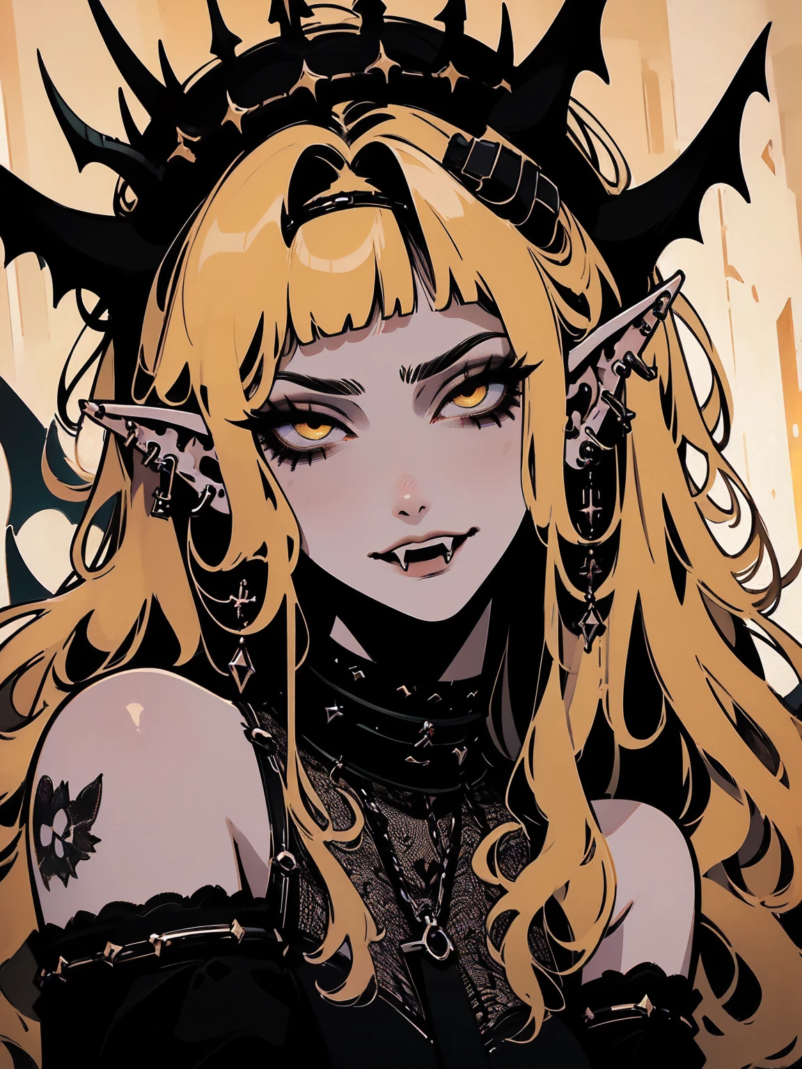 high détail, work of art, dramatic lighting(absurderes, high resolution, ultra detaild), extremely detailed 8k CG unit. mature face, adult Woman, Woman, mature Woman, elf, piercings, Short Wavy Black Hair and Bangs, fangs, yellow eyes, modest black clothes, mad expression, whole body.