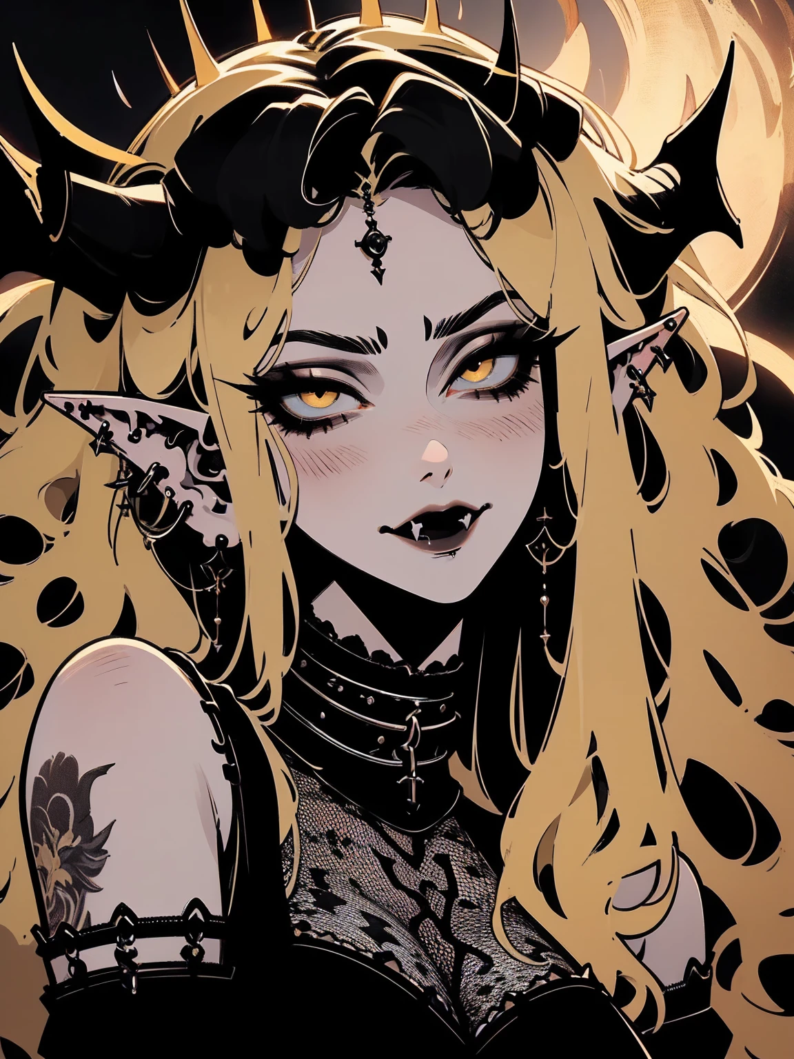 high détail, work of art, dramatic lighting(absurderes, high resolution, ultra detaild), extremely detailed 8k CG unit. mature face, adult Woman, Woman, mature Woman, elf, piercings, Short Wavy Black Hair and Bangs, fangs, yellow eyes, modest black clothes, mad expression, whole body.