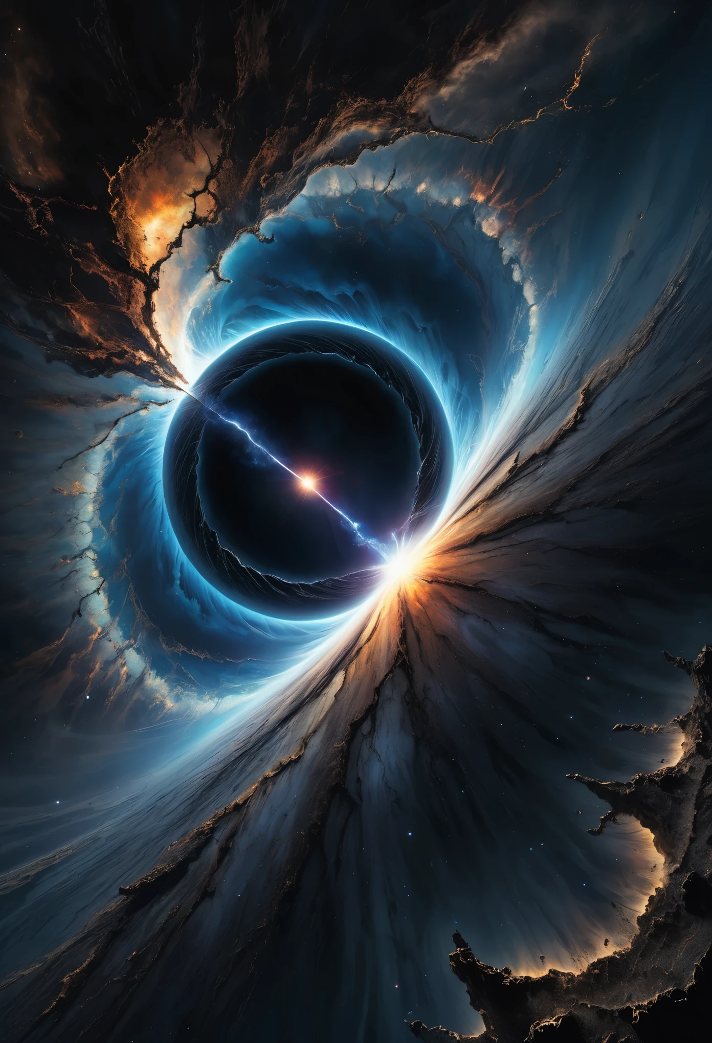 Colossal Dimensional Fissure in the heavens, resembling black holes but formed in a dark shape like crack, intricate, realism, François Baranger-style art. Cosmicism evident in the images.