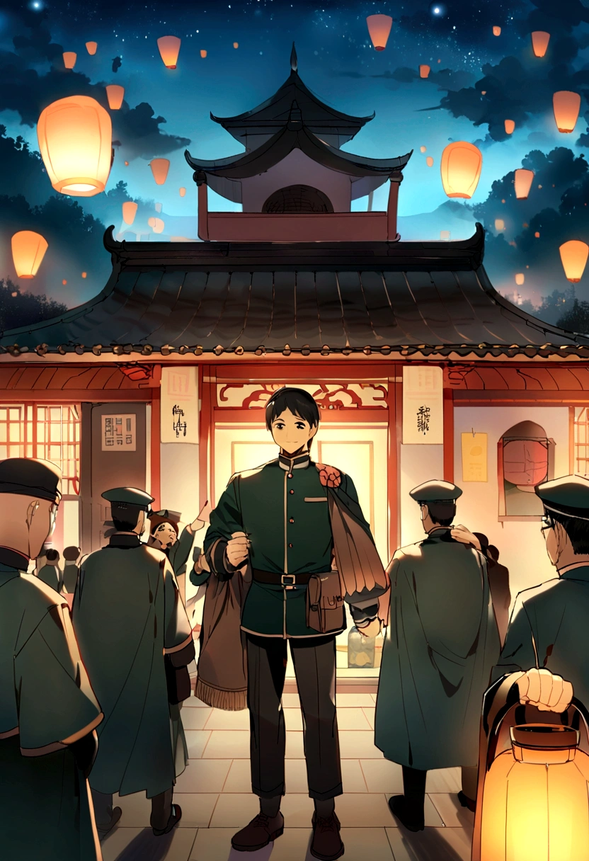 Boys in Chinese military uniforms salute,Behind it is the flag cartoon handsome