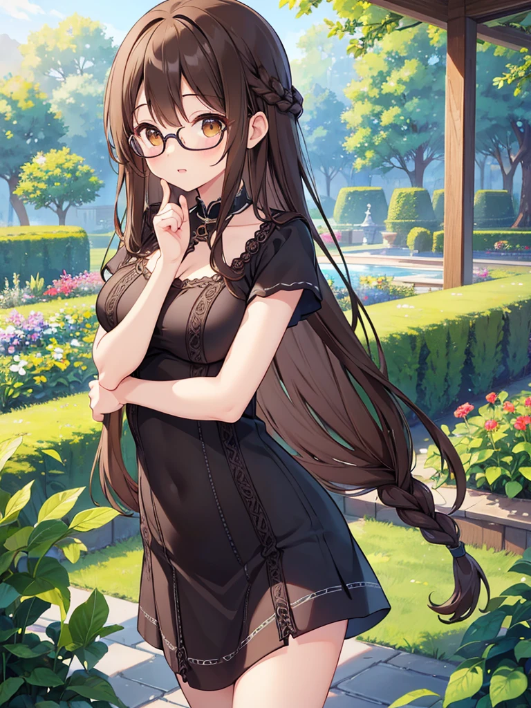 1 Female、Brown hair、Brown Eyes、Best Quality、Super detailed、8 Resolution、Raw photo、Mastepiece、Perfect Body、high resolution、Highest quality、Detailed drawing、Vibrant colors、lure、Long Hair、Black-rimmed glasses、Captivating breasts、Braid、Knit dress、garden