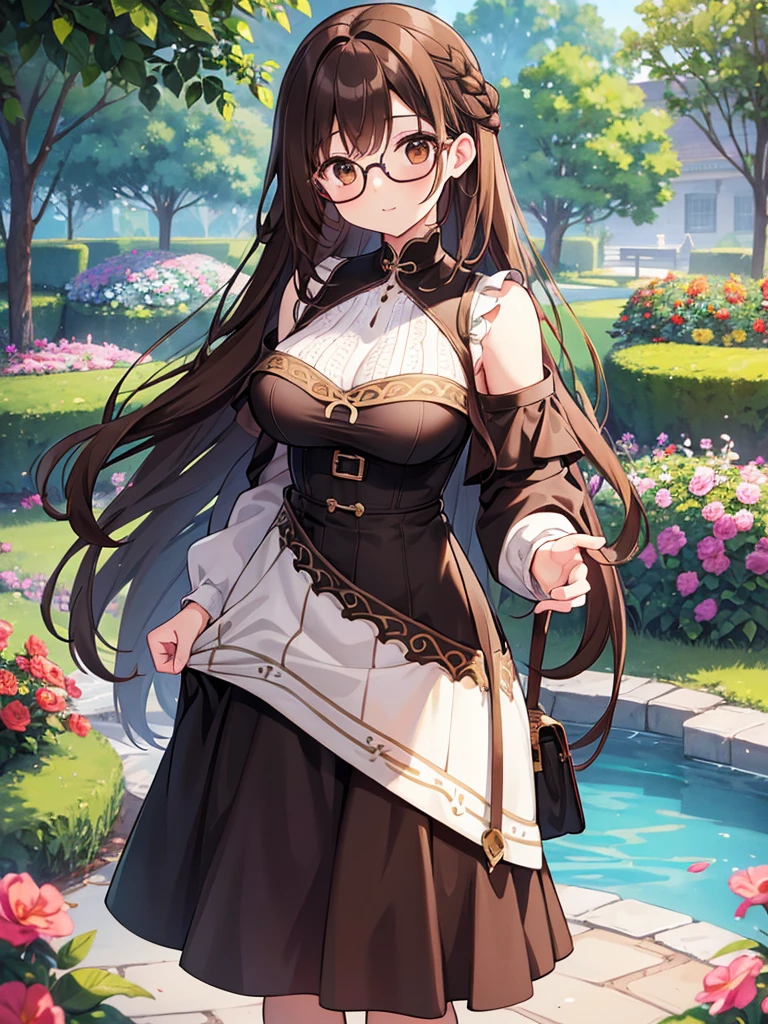 1 Female、Brown hair、Brown Eyes、Best Quality、Super detailed、8 Resolution、Raw photo、Mastepiece、Perfect Body、high resolution、Highest quality、Detailed drawing、Vibrant colors、lure、Long Hair、Black-rimmed glasses、Captivating breasts、Braid、Knit dress、garden