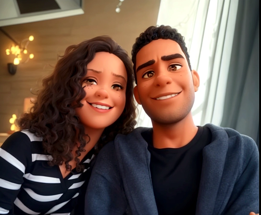 pixar style couple going . The woman is wearing a black and white striped blouse Hair: Curly and voluminous, brown in color, white skin color, dark brown eyes. The man is wearing a black t-shirt under a dark gray coat Hair: Short and curly, black in color, brown skin color, black eyes. . Both are on a wooden walkway with flowers on the side. In the background there are white tables and chairs, above there are branches of a tree.