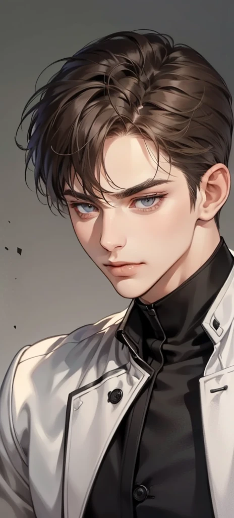 masterpiece, best quality, Practical, 1 person, Mature male, A quiet and charming young man, 25 years old, Serious look, Shut up, portrait, Extremely detailed face, sneer, ((Dark grey eyes)), ((Short dark brown hair)), [Thick eyebrows], ((Set)), Handsome, whole body, The west, Jewish, Light brown skin,