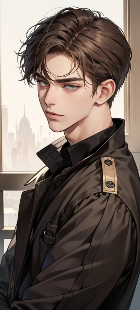 masterpiece, best quality, Practical, 1 person, Mature male, A quiet and charming young man, 25 years old, Serious look, Shut up, portrait, Extremely detailed face, sneer, ((Dark grey eyes)), ((Short dark brown hair)), [Thick eyebrows], ((Set)), Handsome, whole body, The west, Jewish, Light brown skin,