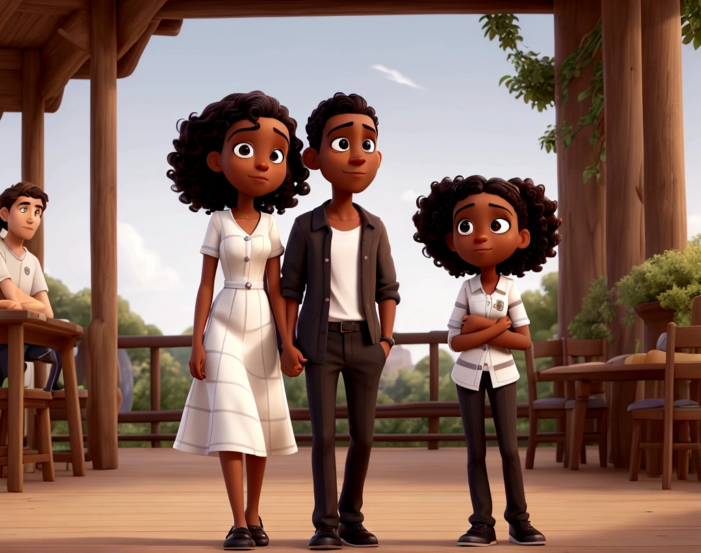 pixar style couple going . The woman is wearing a black and white striped blouse Hair: Curly and voluminous, brown in color, white skin color, dark brown eyes. The man is wearing a black t-shirt under a dark gray coat Hair: Short and curly, black in color, brown skin color, black eyes. . Both are on a wooden walkway with flowers on the side. In the background there are white tables and chairs, above there are branches of a tree.