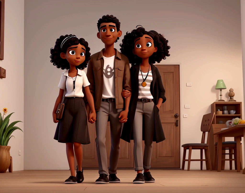 pixar style couple going . The woman is wearing a black and white striped blouse Hair: Curly and voluminous, brown in color, white skin color, dark brown eyes. The man is wearing a black t-shirt under a dark gray coat Hair: Short and curly, black in color, brown skin color, black eyes. . Both are on a wooden walkway with flowers on the side. In the background there are white tables and chairs, above there are branches of a tree.