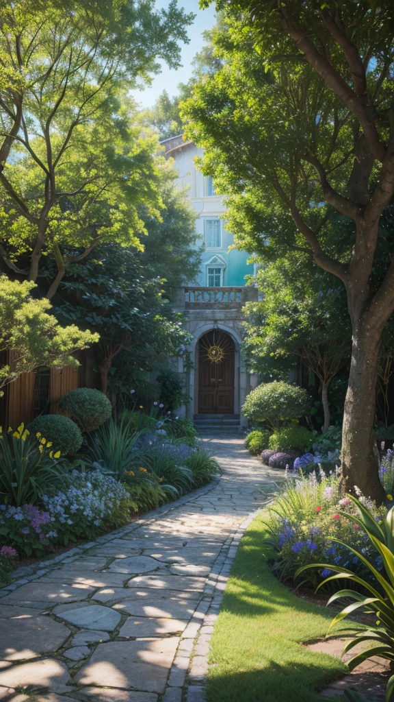 Create an image of a mystical garden where every plant, flower and tree represents an idea or concept that stimulates creativity and wisdom. Colors must be vibrant, varying between shades of blue, green and gold, reflecting the tranquility and splendor of knowledge. No centro do jardim, place a light source that emanates soft, golden light, symbolizing the source of inspiration. Add magical elements, like floating books, birds with bright feathers and winding paths made of light. The atmosphere should be serene and charming, inviting the viewer to explore and discover new ideas