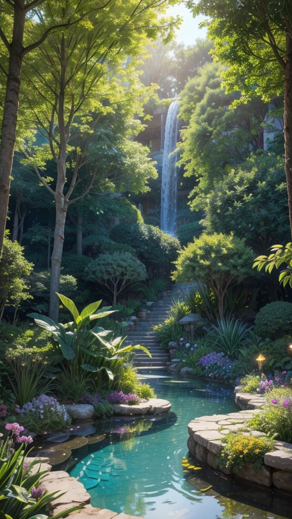 Create an image of a mystical garden where every plant, flower and tree represents an idea or concept that stimulates creativity and wisdom. Colors must be vibrant, varying between shades of blue, green and gold, reflecting the tranquility and splendor of knowledge. No centro do jardim, place a light source that emanates soft, golden light, symbolizing the source of inspiration. Add magical elements, like floating books, birds with bright feathers and winding paths made of light. The atmosphere should be serene and charming, inviting the viewer to explore and discover new ideas
