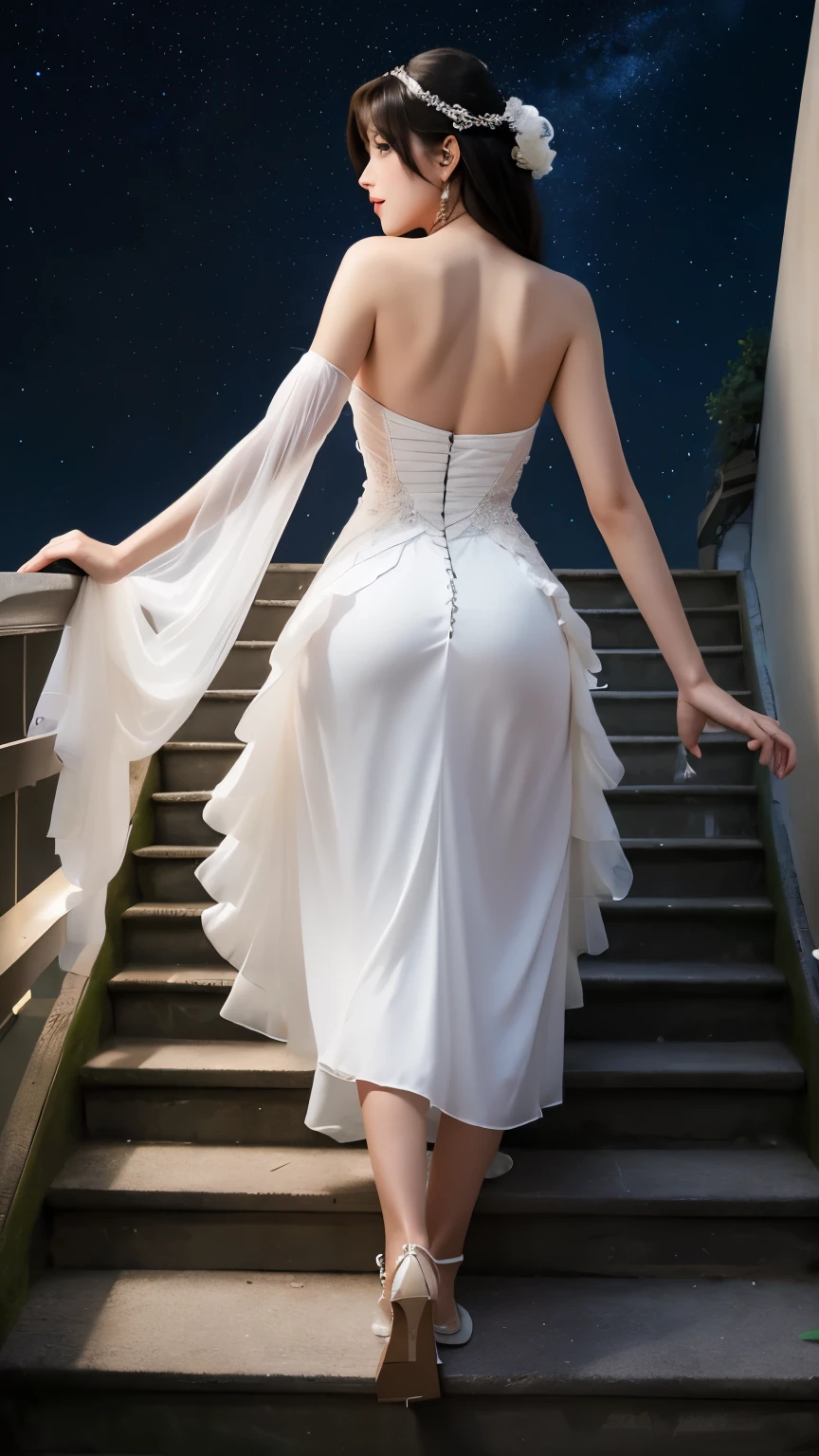 8K resolution, masterpiece, Highest quality, Award-winning works, unrealistic, Final Fantasy, Royal Jewel, , elegant, Very detailed, Delicate depiction of hair, Miniature Painting, Digital Painting, Art Station, Concept Art, Smooth, Sharp focus, shape, nature, 千night一night物語, A strip of light pouring down from the sky, A pillar of light stretching into the sky, Complex colors, Colorful magic circle, flash, big spiral staircase, Mysterious Background, aura, A gentle gaze, break, Small faint lights and flying fireflies, night, Stained glass, royal palace, Starry Sky, milky way, nebula, shooting star, Flowers, bird, Wind and Moon, Rear View, erotic, Only sexy women, healthy shaped body, Anatomically accurate skeleton, 22 years old, bride, (Climbing the stairs, Back view, To the camera:1.6), height: 170cm, big, Hard, Swaying bust,, long wavy silver hair, Detailed facial depiction, break, Mysterious blue eyes, Standard Nose, eyeliner, Pink Lips, Sexy long legs, clear, Glowing Skin, bride, Sexy long silk wedding dress with gothic ruffles, Extra Long Cape, A dress with a complex structure, Pure white dress,, royal coat of arms, ,, Dynamic sexy pose, A kind smile,